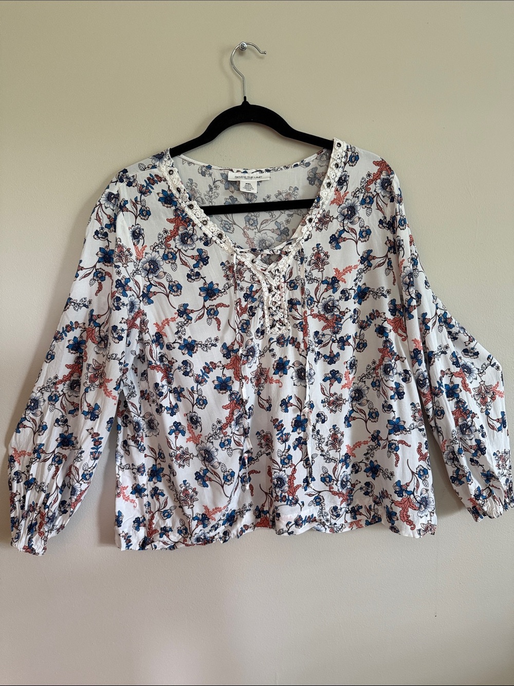 Floral Lace-Up Peasant Blouse in White with Blue & Rust Accents